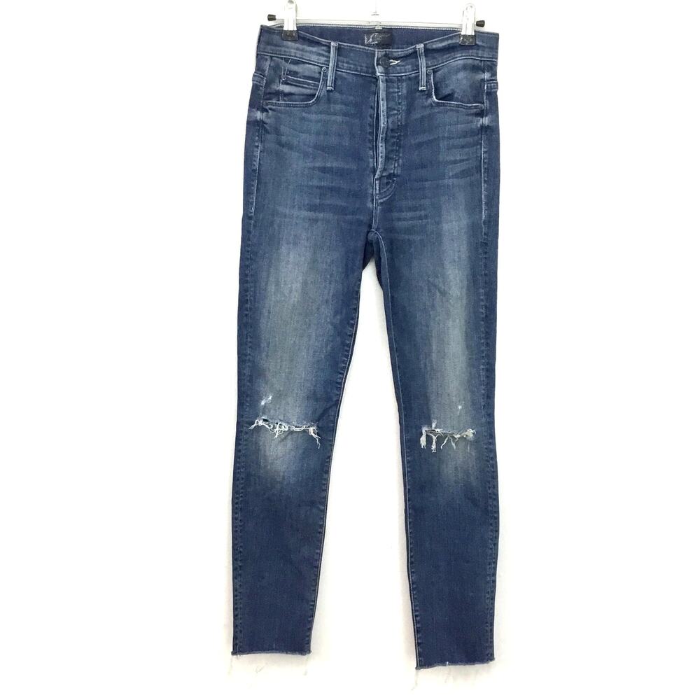 MOTHER Denim The Stunner Ankle Fray Button Fly Blue Distressed Jeans Sz 26